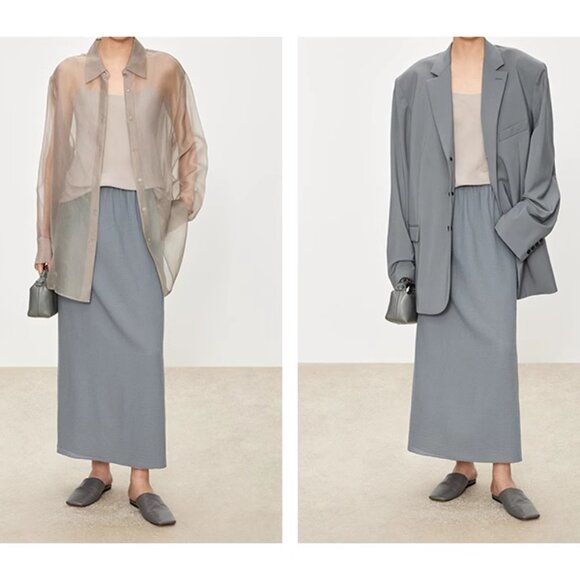 CHICJOC Women Italian Wool and Silk Layered Skirt in Misty Grey Blue Size 38 - Picture 1 of 15